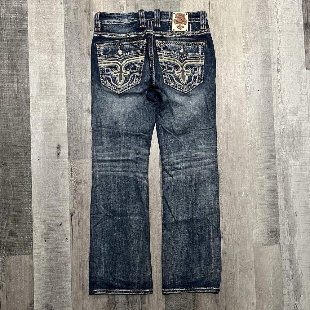 Rock Revival Mens Jeans Lowry Boot Cut Heavy Denim Embellished Dark Wash Faded